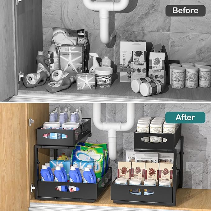 1 Pack Large Under Sink Organizer, 2 Tier Metal Pull Out Under Sink Storage with Sliding Mesh Drawers, Height Adjustable Slide Out Under Cabinet Organizer for Kitchen Bathroom, Black