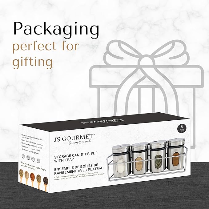 4 Pcs Stainless Steel Spice Seasoning Container Jars with Storage Rack, Perfect for Storing Spices, Salt, Pepper, Sugar and Dry Ingredients (Silver)