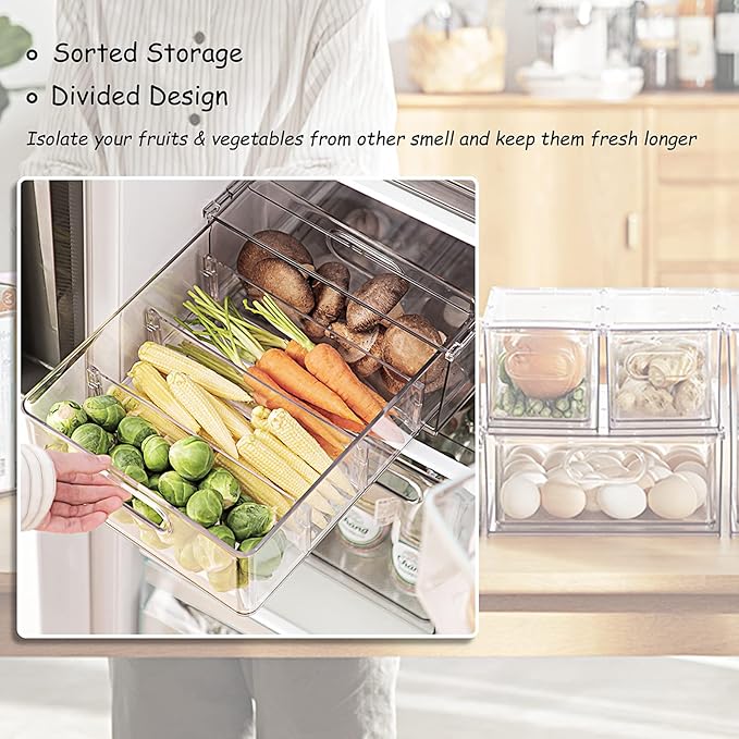 3 Pack Refrigerator Organizer Bins with Pull-out Drawer, Stackable Fridge Drawer Organizer Set with Handle, Clear Plastic Food Storage Containers for Freezer, Cabinet, Kitchen, Pantry