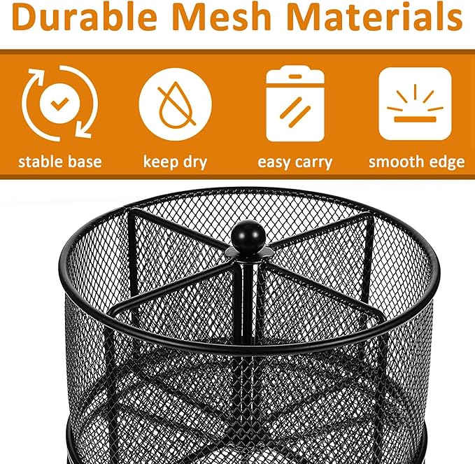 MAQUITA 360° Rotating Metal Utensil Caddy - 4 Compartment Silverware Cutlery Holder Rotation Fork Spoon Napkin Organizer Flatware Storage Basket Party Countertop Buffet Picnic Camping Outdoor Black