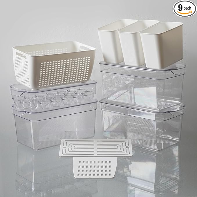 Clear Stackable Storage Containers with Lids BPA-Free Organizer Bins for Refrigerator Pantry Fridge Drawer with Colander and Dividers for Kitchen Food Preservation and Home Organization BPA Free