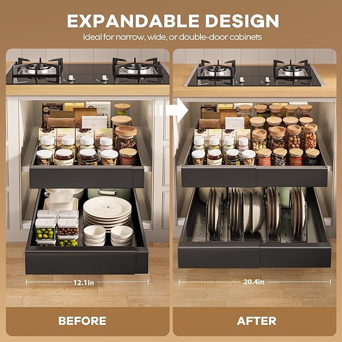 2 Pack Pull out Cabinet Organizer 21"Deep With Raising Pad for Framed Cabinets, Expandable Slide out Drawers for Kitchen Cabinets with 4pcs Divider Racks, Roll out Shelves 12.1"-20.4" W Black