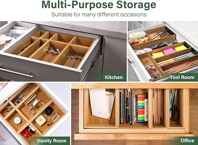 Kootek 8 Pcs Bamboo Drawer Organizer Utensil Tray Kitchen Storage Box 4-Size Versatile Dividers Cutlery Holders Bins Containers for Flatware Kitchen Utensils