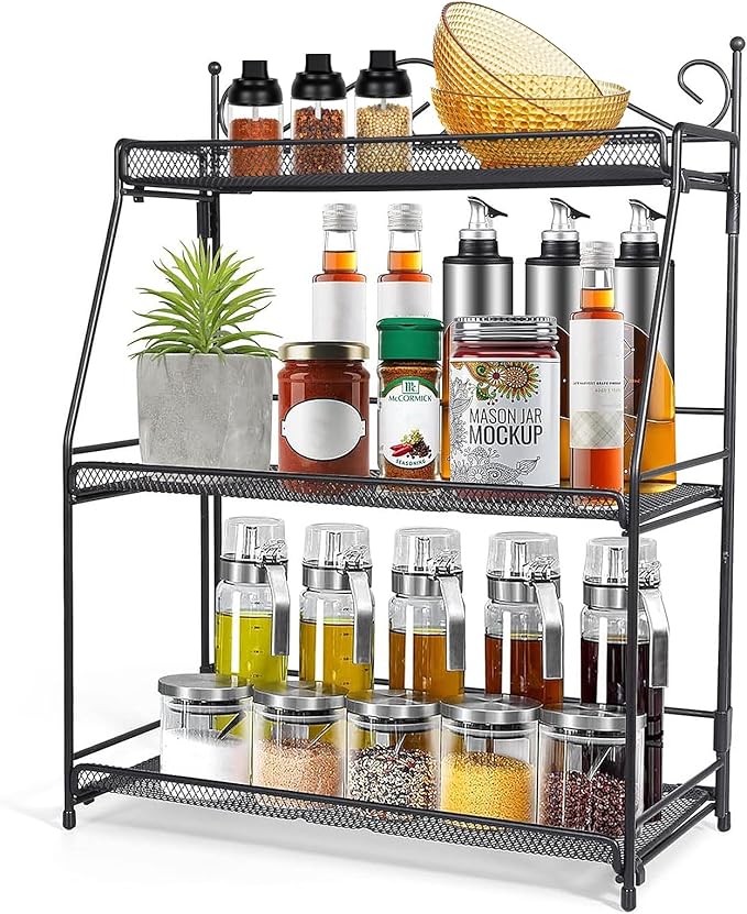 Uten Standing Spice Rack 3 Tier Metal Foldable and Durable Kitchen Rack for Countertop Kitchen Bathroom, Shelf Organizer, Standing Stainless Steel Tiered Shelf