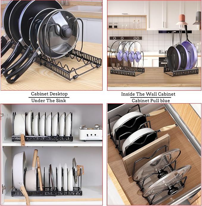 Expandable Pots and Pans Organizer Under Cabinet, with 10 Adjustable Dividers Pot and Pan Organizer, for Kitchen Baking Cookies Cookware Pantry Baking Pan Lid Organizer Black