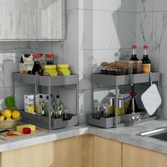 Under Sink Organizer 2 Pack,Bathroom Cabinet Organizer,2 Tier Sliding Cabinet Basket Organizer Drawer, Multi-Purpose Bath Collection Baskets for Bathroom (Grey)