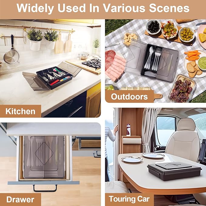 Silverware Organizer with Lid, Utensil Holder for Kitchen Drawer Countertop Plastic Flatware Tray 5 Compartments