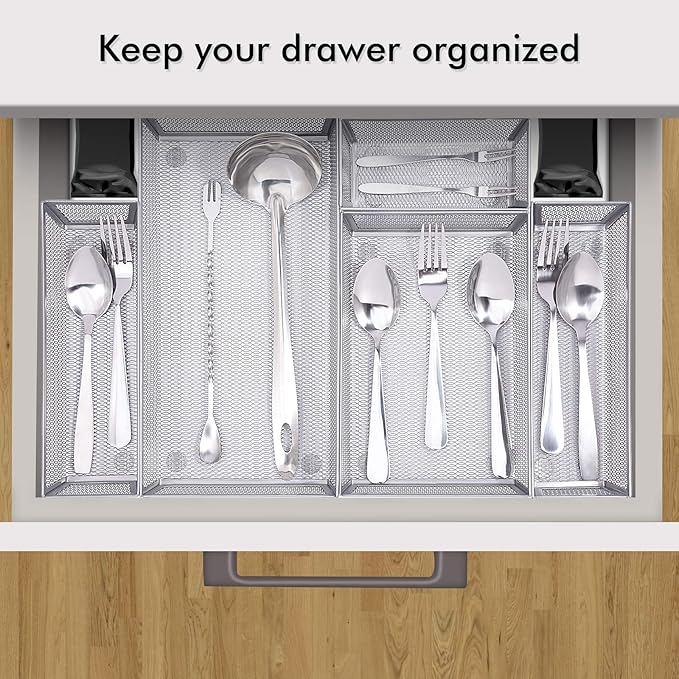 WuGeShop Mesh Silverware Tray Drawer Organizer, Kitchen Utensils Flatware Tray with Anti-slip Mats, Silverware Storage Cutlery Tray for Knives Fork Spoon (5 Separate Compartments, Silver)