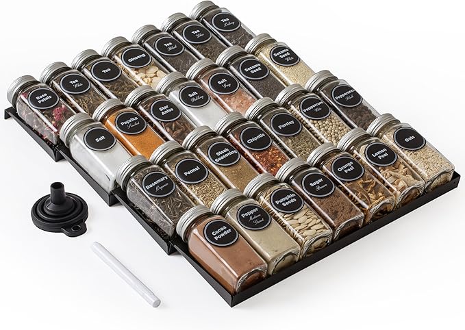 SIMPLEMADE-Spice Drawer Organizer, Spice Rack Drawer for Kitchen, 4 Tier Black Drawer Spice Organizer with 28 Jars and labels with a pen, Silicone Funnel, 13" by 17.5"