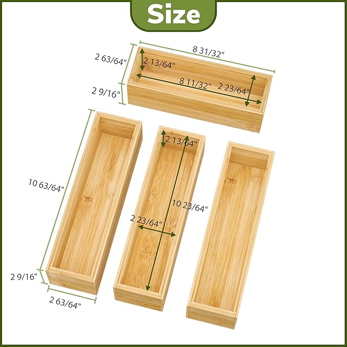 BAMEOS Silverware Organizer, Utensil Drawer Organizer, 4 Slots Kitchen Drawer Organizer, Bamboo Flatware Organizer for Drawer in Natural
