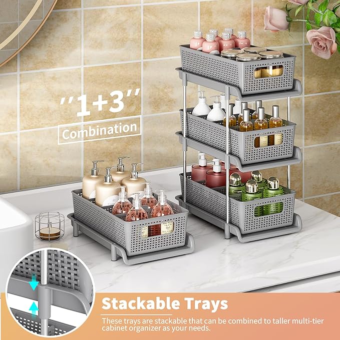 Bathroom Organizer with Dividers, 2Pcs 2 Tier Stackable Under Sink Organizers and Storage Cabinet Organizers for Bathroom Kitchen Pantry Organization and Storage, Medicine Cabinet Organizer