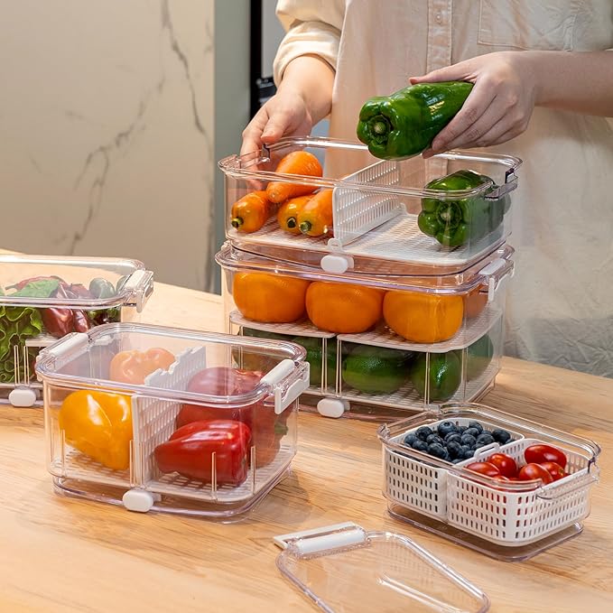 Felli Duo Fresh Produce Saver, ALL IN ONE Veggie Fruit Basket for Fridge with Vent & Drain, Colander Strainer Tray, Kitchen Refrigerator Washing Bin for Berry Vegetable Storage Container, Gifts