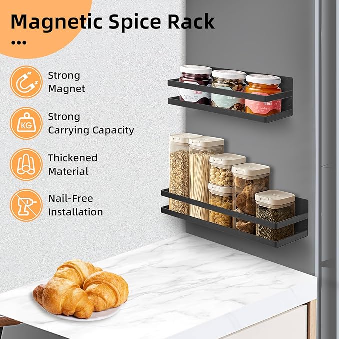 Uten Large Spice Rack for Refrigerator, 2 Pack Strong Magnetic Shelves, Moveable Fridge Organizer for Kitchen Holding Spices, Jars