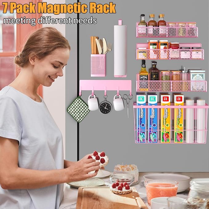 Magnetic Spice Rack for Refrigerator, 7 Pack Metal Magnetic Shelf, Moveable Magnetic Storage Fridge Organizer Pink, Spice Organizer, Hook Rack, Paper Towel Holder, Cutting Board Holder, HM5470