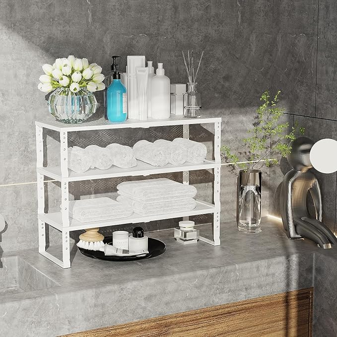 Expandable Cabinet Shelf Organizer Storage Spice Rack Shelves for Kitchen Stackable Adjustable Pantry Cupboard Bathroom Countertop Desktop(2Packs/White/Medium-with Hole)