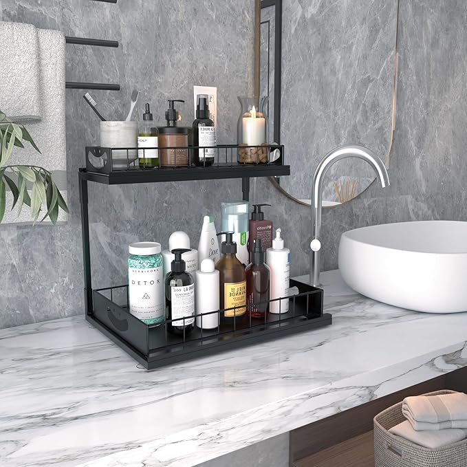 Under Kitchen Sink Organizers and Storage,2 Tier Sliding Cabinet Basket Organizer Drawer,Storage Shelves,Multi-purpose Cabinet Organizers for Kitchen Bathroom.14.17X10.66 X 15.27In(Black,2 Pack)