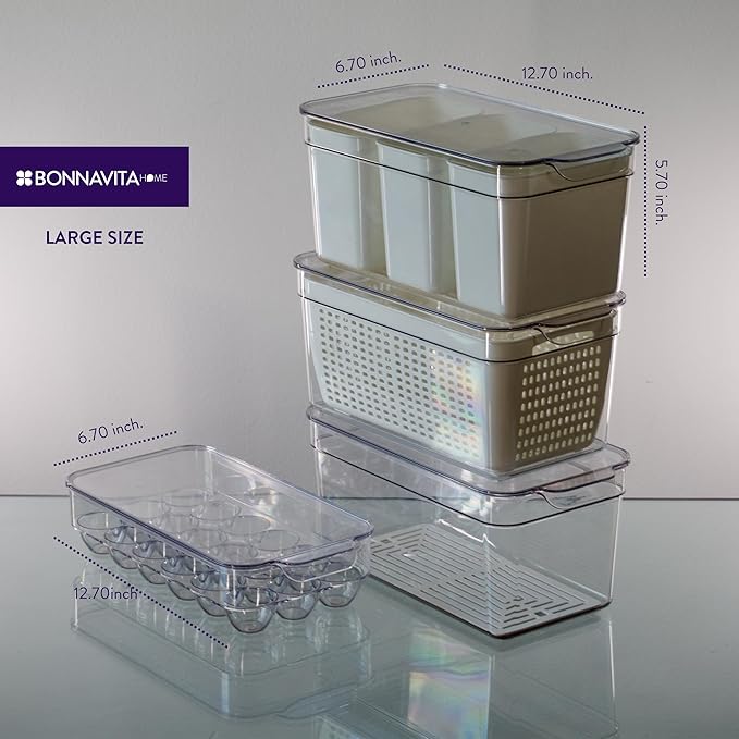 Clear Stackable Storage Containers with Lids BPA-Free Organizer Bins for Refrigerator Pantry Fridge Drawer with Colander and Dividers for Kitchen Food Preservation and Home Organization BPA Free