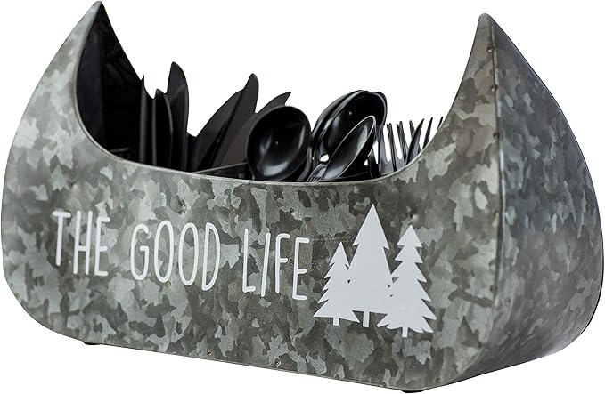 Boston Warehouse 55169 Canoe Shaped Galvanized Metal Flatware Caddy, 14 Inch, The Good Life