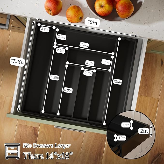 Silverware Organizer Utensil Drawer Organizer - Bamboo Silverware Drawer Organizer Expandable 8 Slots Flatware Organizer For Kitchen Utensils, Art Set, Cosmetic Tools W12.7-19" x L17.2" (Black)