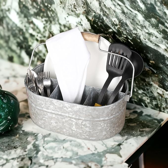 CLEENTABLE Galvanized Farmhouse Utensil Caddy – 4-Compartment Tin Organizer for Kitchen, Parties & Outdoor Use (13.5” L x 10” W x 5.5” H, Removable Handle)