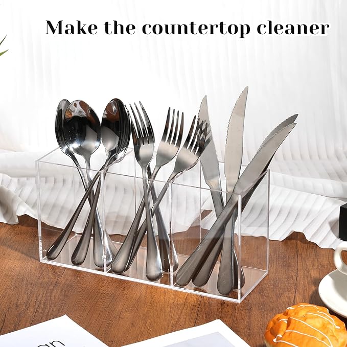 Rainmae Large Acrylic Cutlery Storage Organizer, Plastic Cutlery Utensil Holder Storage Organizer Caddy for Kitchen Countertop Organization - Holds Fork, Knife, Spoon, Silverware Tableware Storage Box