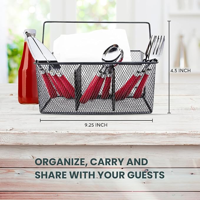 Utensil Caddy - Silverware Caddy for Parties, Spoon Holder, Buffet Organizer for Condiments, Napkin, Forks, Knives - Stainless Steel Flatware Caddy for Home, (Silver)