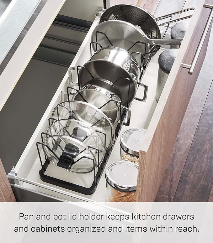 Yamazaki Home Adjustable Lid & Pan Organizer - Kitchen Drawer Storage Shelf Rack Steel One Size Black
