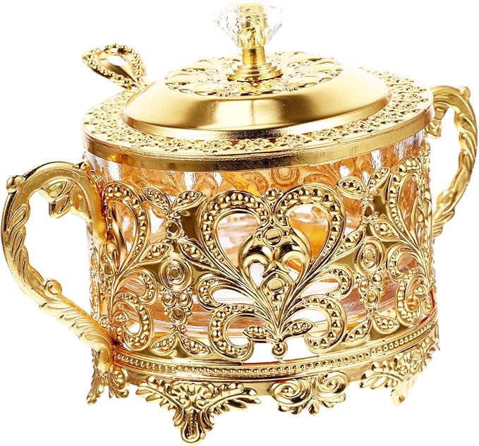 UPKOCH Turkish Sugar Bowl with Lid and Spoon Golden Iron & Glass Condiment Storage Jar - Vintage European Style Multi-Purpose Kitchen Canister for Coffee Bar, Wedding Party, Candy Cookie Honey Spice
