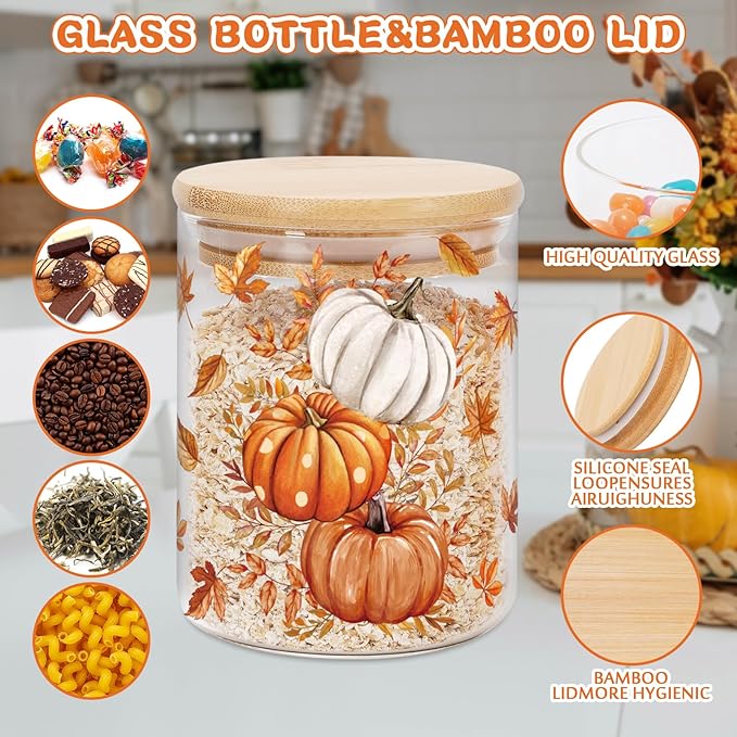 3Pcs Fall Thanksgiving Glass Storage Jars with Airtight Bamboo Lids 17oz Autumn Leaves Pumpkins Clear Food Storage Canisters for Home Kitchen Countertop Decoration