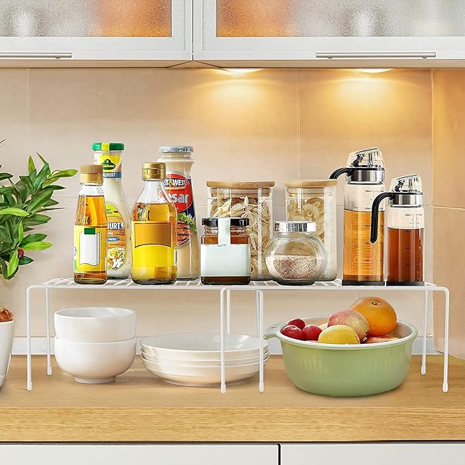 Orgneas Expandable Cabinet Shelf Organizer, Rustproof Metal Shelf Riser Kitchen Counter Storage Organizer Rack for Fridge, Cabinet, Pantry and Bathroom with Scratch Resistant Feet, 2 Sets