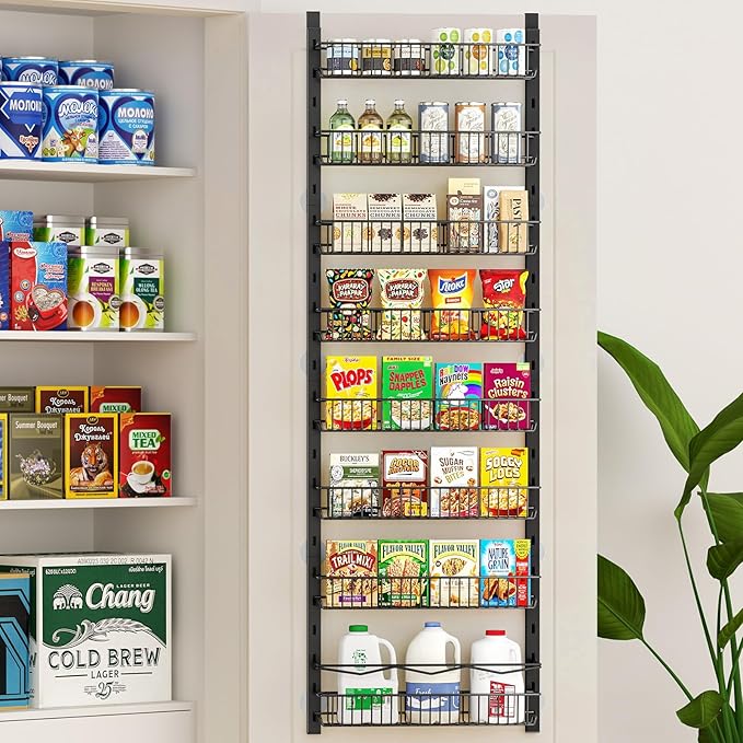 Over the Door Pantry Organizer, 8-Tier Adjustable Spice Rack Cabinet Door Shelves, Hanging Seasoning Organizer for Kitchen Bathroom, Laundry Room Organization, Black