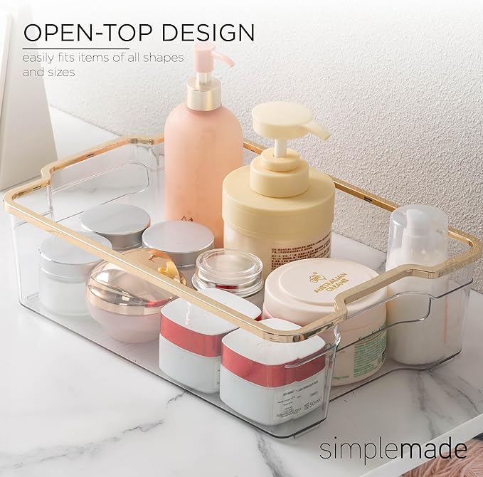 SIMPLEMADE Clear Refrigerator Organizer Bins - Clear Bins for Fridge, Containers for Fridge and Freezer, Multipurpose Storage for Kitchen, Office, Bathroom, Gold Rim (8" x 12")