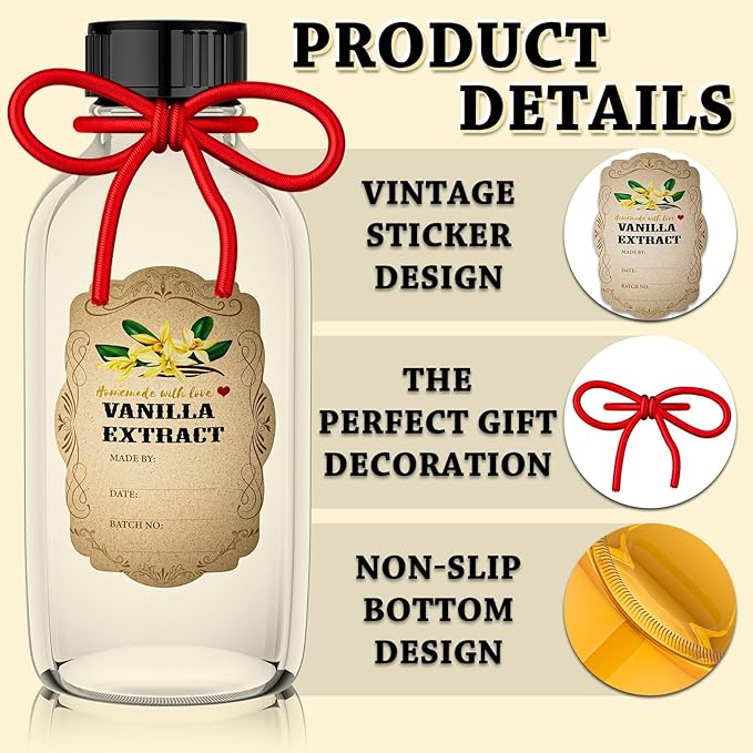 2 oz Clear Glass Bottle Boston Round Bottles with Caps Homemade Vanilla Extract Bottles and 8 Pcs Vanilla Extract Stickers for Syrup Gift Glass Food Storage Canister Set Sauce Beans (8 Packs)