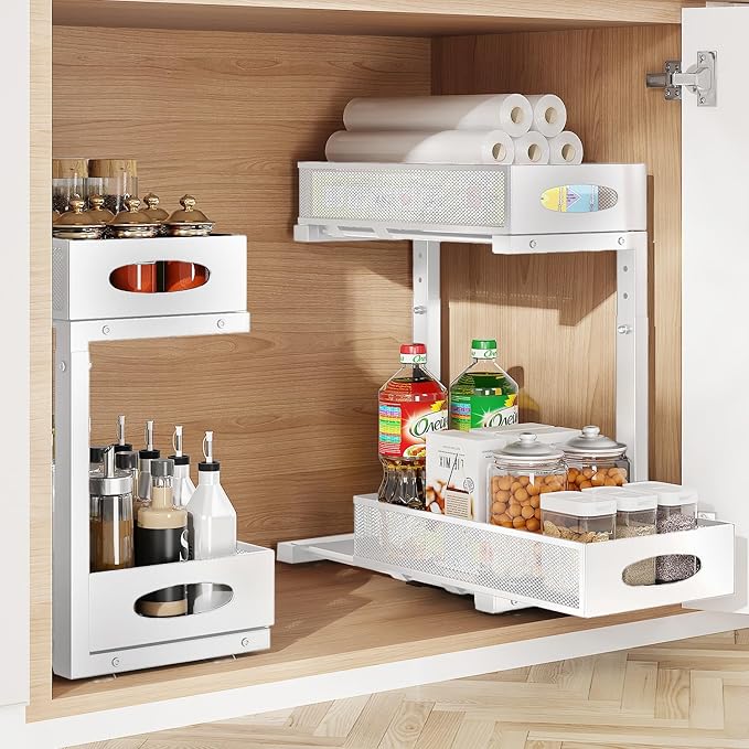 IUI 2 Tier Metal Pull Out Cabinet Organizer,Rust Proof Under Sink Organizer with Sliding Drawers, Multi-Use Under Cabinet Shelves Organizers for Kitchen Bathroom Cabinet Desk Etc,White
