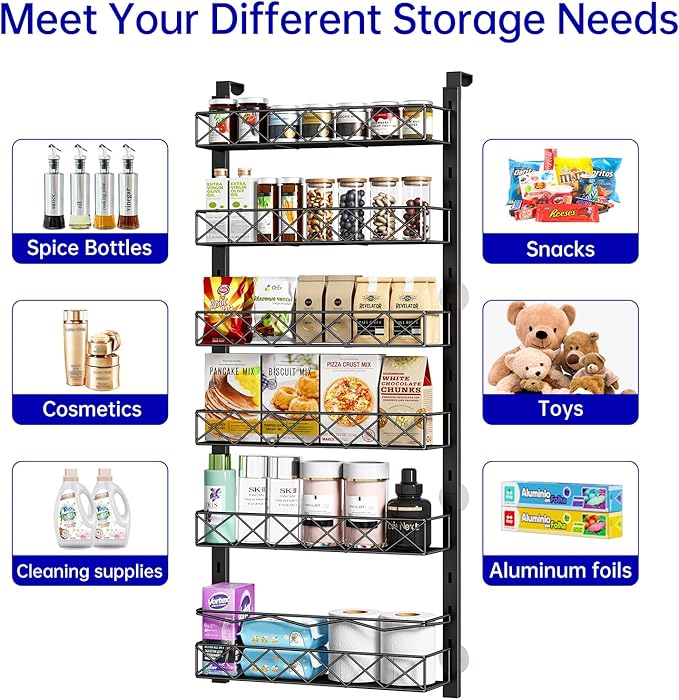 Over the Door Organizer, Black 6-Tier Pantry Door Organizer with Adjustable Basket, Hanging Spice Rack Cabinet Door Shelves, Laundry Room Organization and Storage