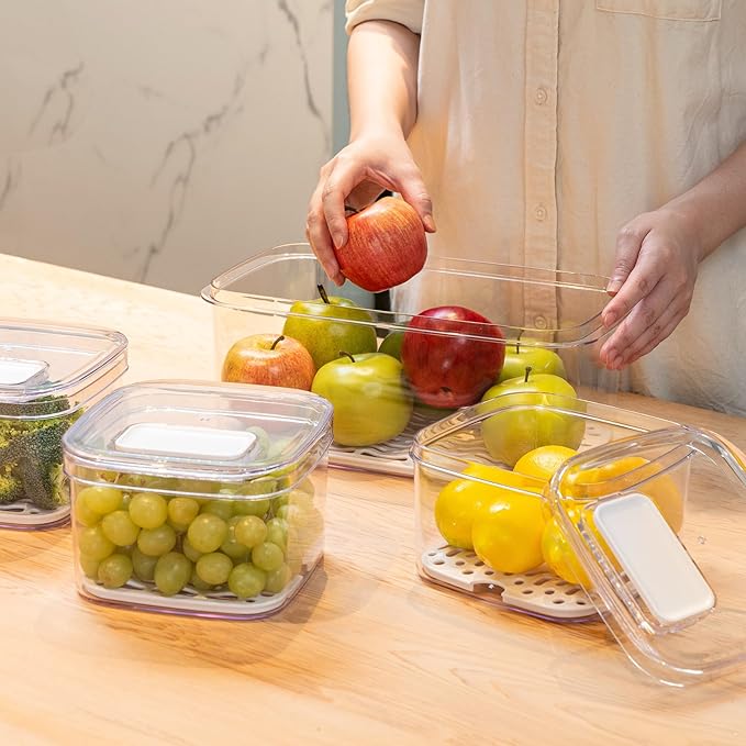 Felli Veggie Keeper Container for Fridge with Air Vent + Drain Tray, SPACIOUS Vegetable Fruit Bin for LONG LARGE Produce Lettuce Cabbage Celery Cucumber Storage for Refrigerator, Keep Fresh Long