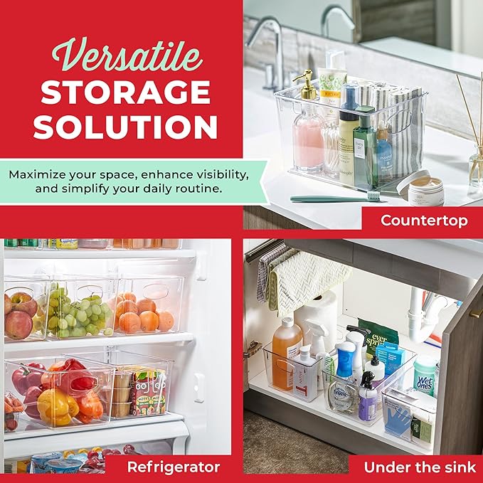 Clear Refrigerator Organizer Bins - Plastic Fridge Organizers - Storage Containers for Organizing Pantry, Cupboard, Cabinet, Freezer, Food, Fruit, Kitchen, Bathroom - Refrigerator Storage Bin set of 8