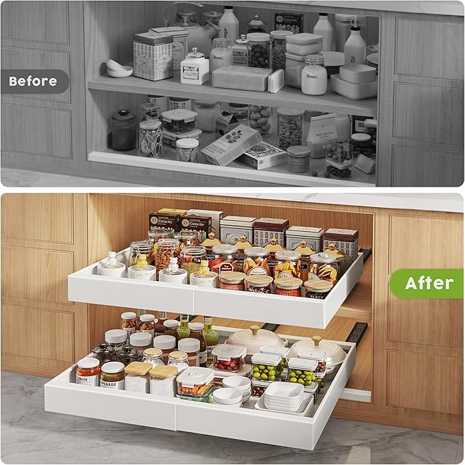 2 Pack Pull Out Cabinet Organizers 16.5" Deep With Raising Pad for Framed Cabinets,Expandable Slide Out Drawers Upgrade 3 Slide Rails,Roll Out Shelves,Adjustable Width 12.1"-20.45" White