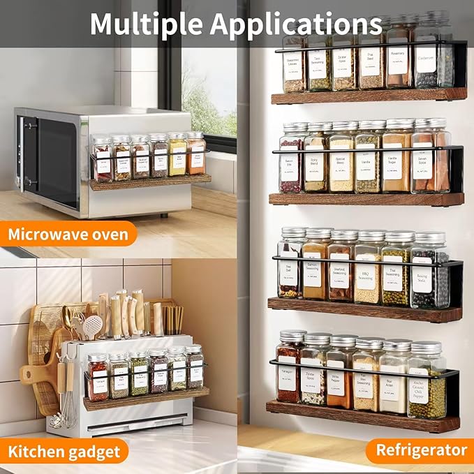 4 Pack Strong Magnetic Spice Rack Organizer for Refrigerator and Microwave Oven, Metal Fridge Shelf, Space Saver for Kitchen Organization and Storage, Black