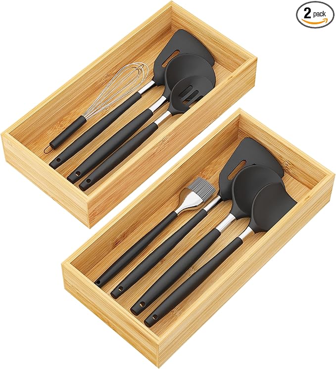 BAMEOS Deep Utensil Drawer Organizer, Bamboo Silverware Organizer for Kitchen Drawer Storage Flatware Junk Cutlery Jewelry 14"x 6.8" Set of 2 (Natural)