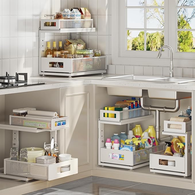 1 Pack 15.74IN-Depth Under Sink Organizer with Next-Gen Ball-Bearing Slides,2-Tier Pull Out Cabinet Storage,Height Adjustable Drawer Shelf for Bathroom,Kitchen,Laundry,Cabinet,Pantry-White