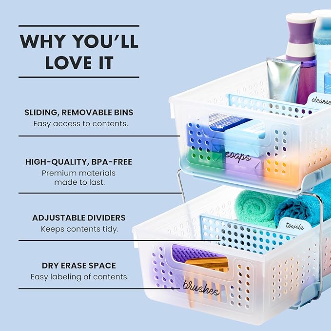madesmart 2-Tier Plastic Multipurpose Organizer with Divided Slide-Out Storage Bins, Under Sink and Cabinet Organizer Rack, Frost
