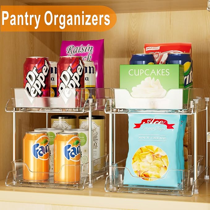 JLKDQ 2 Pack Bathroom Under Sink Organizers and Storage, 2-Tier Pull Out Medicine Cabinet Organizing- Kitchen, Pantry, Medicine Storage Bins, Vanity Makeup.(Clear,10.63" L x 8.0" W x 8.46" H).