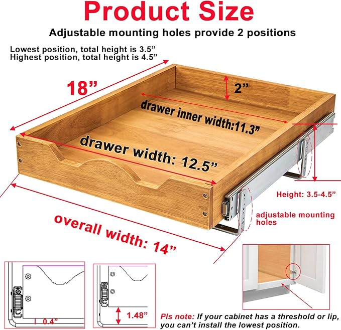DINDON Pull Out Cabinet Organizer (14" W x 18" D) 1 Tier, Single Tier Oak Wood Under Cabinet Slide Out Shelf Drawer Box…