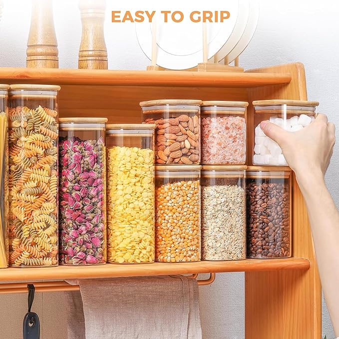 ComSaf 63oz Rectangle Glass Storage Containers with Lids, Glass Jars with Bamboo Lids, Clear Food Jar, Square Canister Set of 3, Pantry Organizers and Storage for Flour Pasta Coffee Bean