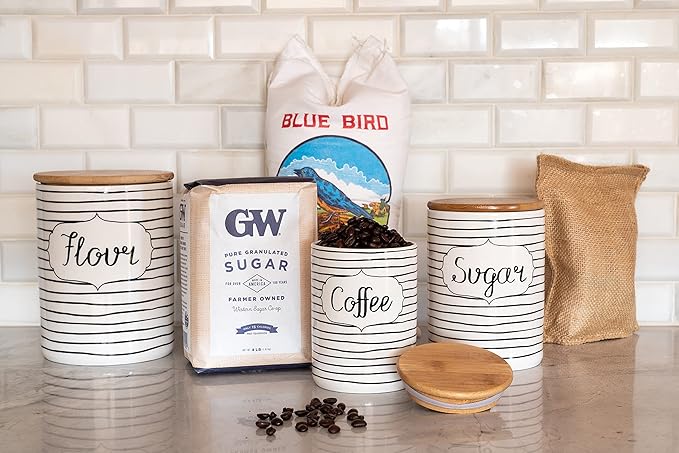 10 Strawberry Street Coffee, Sugar, Flour Kitchen Canister, 3 Piece Set, Everyday Black/White
