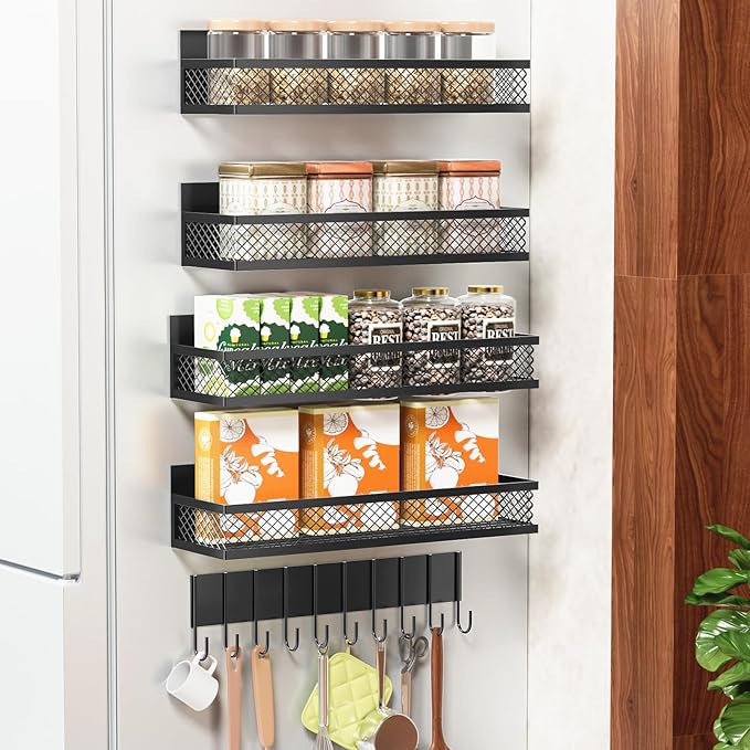 Magnetic Spice Rack for Refrigerator, 5 Pack Magnetic Shelf for Refrigerator, Moveable Fridge Magnetic Spice Racks with 10-Hook Rack for Kitchen Organizers and Storage