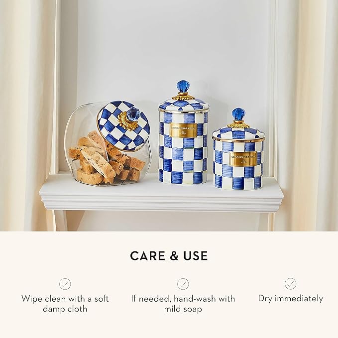 MACKENZIE-CHILDS Large Enamel Canister, Kitchen Storage Container for Flour and Sugar, 1.89 Liters, Blue-and-White Royal Check