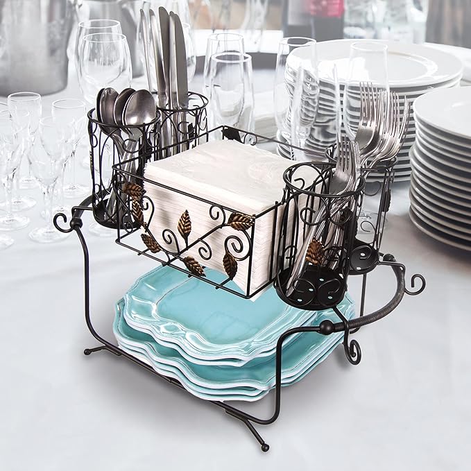 Utensil Caddy - Silverware Caddy or Napkin, Cutlery and Plate Holder - The Ideal 2-Piece Portable Outdoor Kitchen Accessories Buffet Organizer for Picnics, Camping, Barbecue, Parties and Events