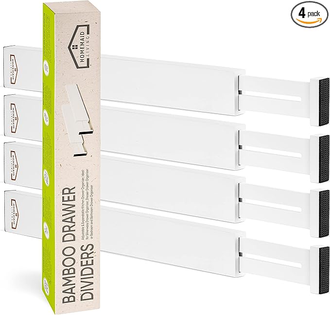Homemaid Living Bamboo Drawer Dividers Adjustable & Expandable, Kitchen Drawer Organizer, Ideal for Silverware, Dresser Drawer Organizer or Bedroom & Bathroom Drawer Organizer (4pk, White)